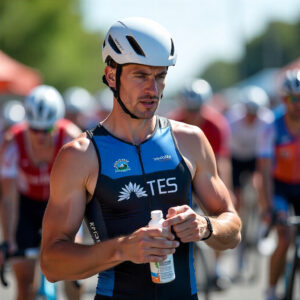 Triatleta en avituallamiento con molestias estomacales por mala elección de suplementos o hidratación.