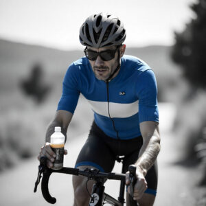 Ciclista de resistencia tomando gel y agua durante el entrenamiento como estrategia de prevención de problemas gastrointestinales.