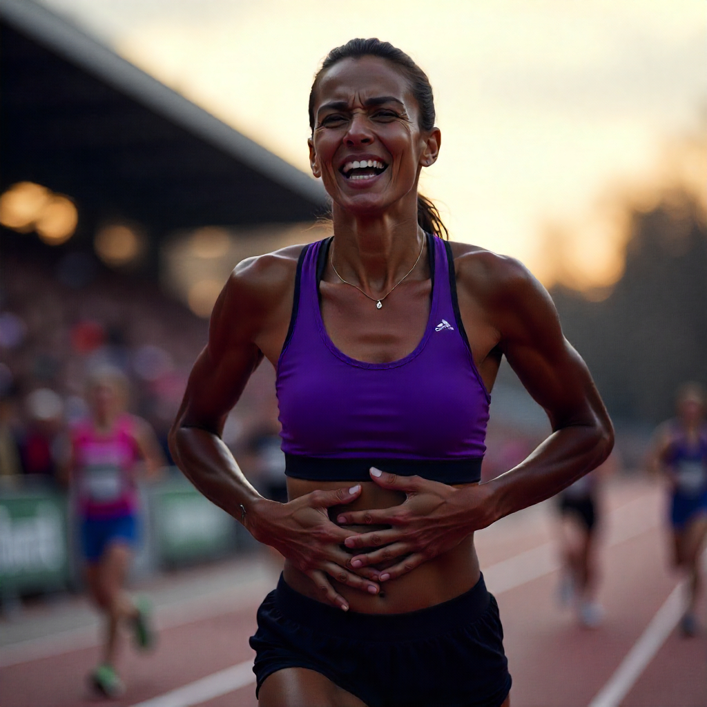 Corredora de maratón con dolor abdominal durante la prueba, representando problemas gastrointestinales en deportes de resistencia.