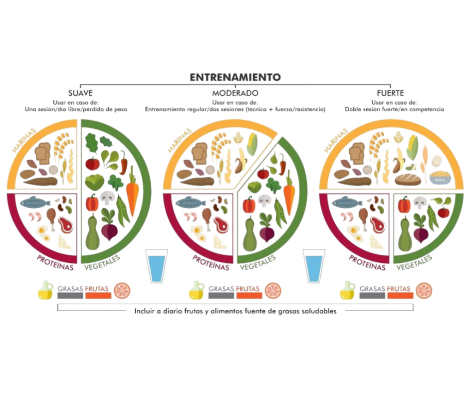 Gráficos circulares que muestra el reparto recomendado de macronutrientes para diferentes tipos de necesidades según la intensidad del deporte o entrenamiento