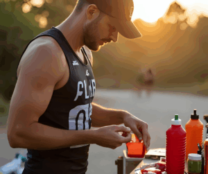 Triatleta reponiendo energía durante un entrenamiento para mostrar la importancia de comer suficiente para rendir.