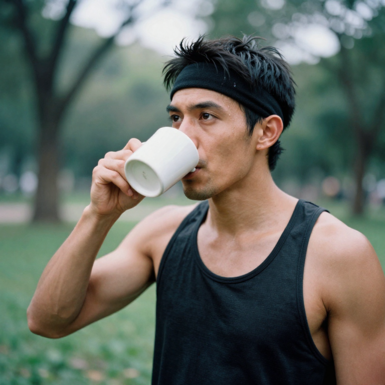 Deportista tomando café antes de entrenar para mejorar el rendimiento deportivo.